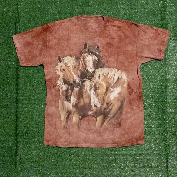 THE MOUNTAIN MENS T SHIRT BROWN MARBLE TIE DYE HORSES WILD NATURE SIZE XXL - Picture 5 of 7